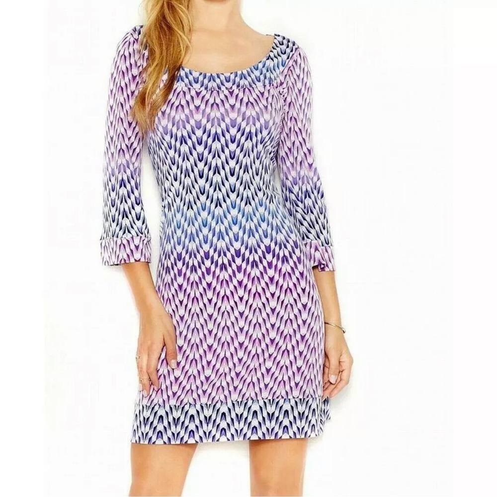 Jessica Simpson blue white black geometric print criss cross strap dress